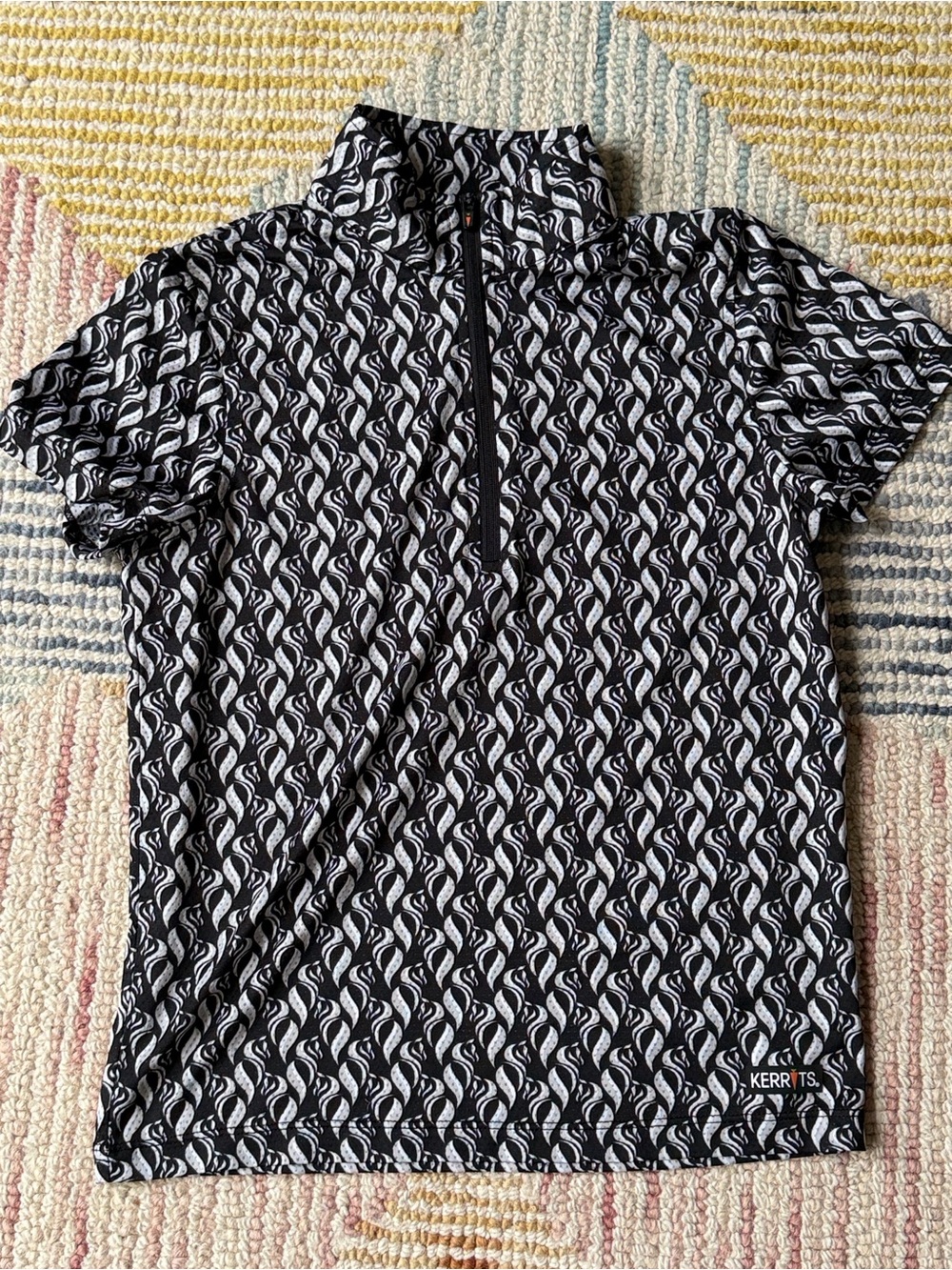 Kerrits Black & White Short Sleeve Zip Polo with Wave Motif